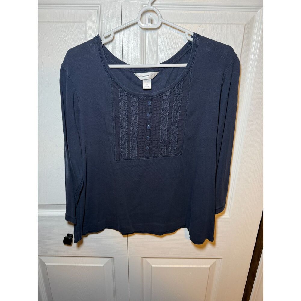 Christopher & Banks Women’s XL Navy Pintuck Lace 3/4 Sleeve Henley Top 1825